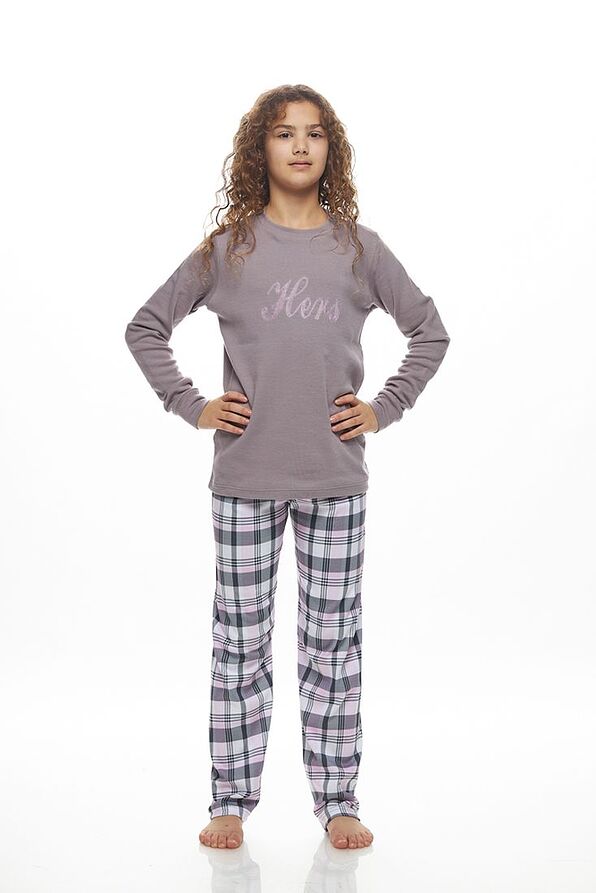 GIRL TEEN LONG COTTON INTERLOCK PYJAMAS CUFFED SLEEVES & CHECKED OPEN LEG PANTS
