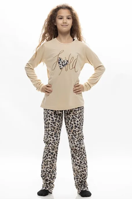 GIRLS' TEEN LONG COTTON INTERLOCK PYJAMAS WITH "LOVED" EMBROIDERY & ANIMAL PRINT PANTS