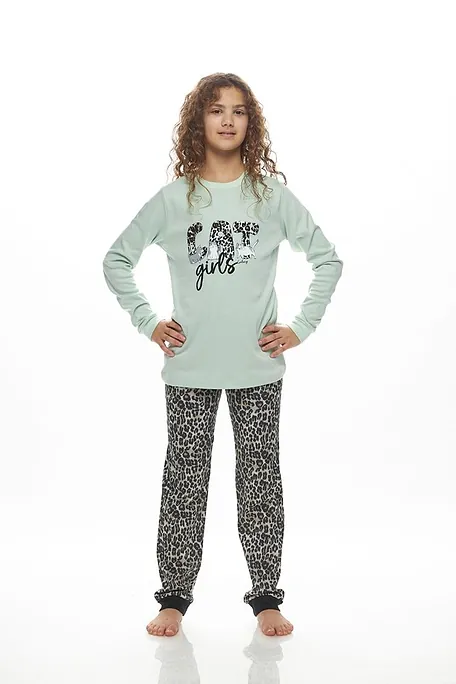 GIRL TEEN LONG COTTON INTERLOCK PYJAMAS CUFFED SLEEVES & ANIMAL SLIM FIT PANTS