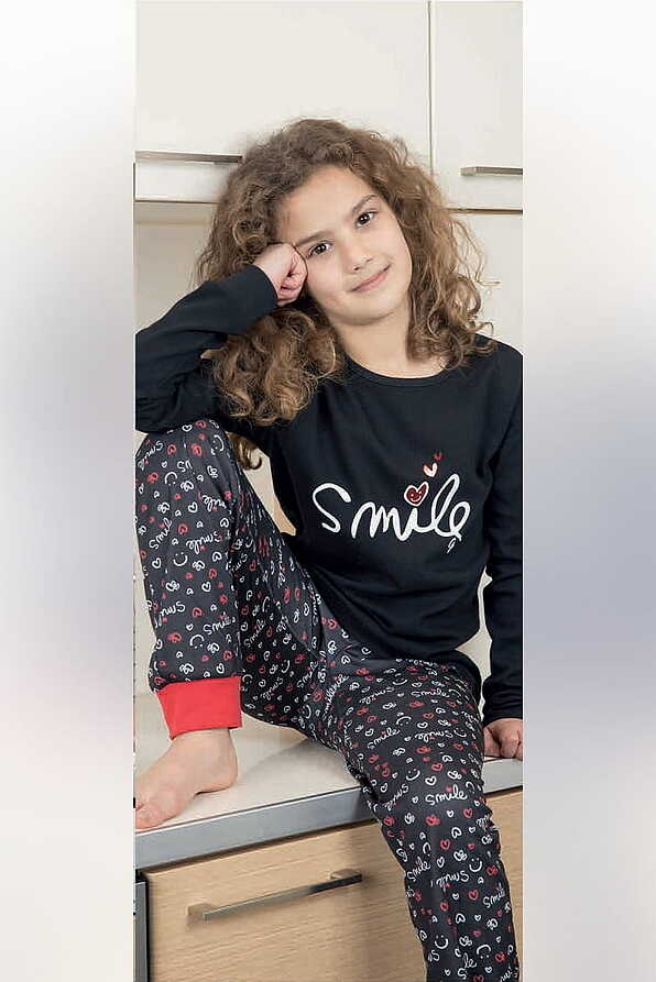GIRL TEENS COTTON INTERLOCK LONG PYJAMAS SMILE PRINT CUFFED LEGS