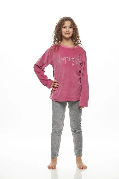 GIRL TEEN LONG VELVET PYJAMAS WITH SLEEPING PRINT AND POLKA DOTS PANTS