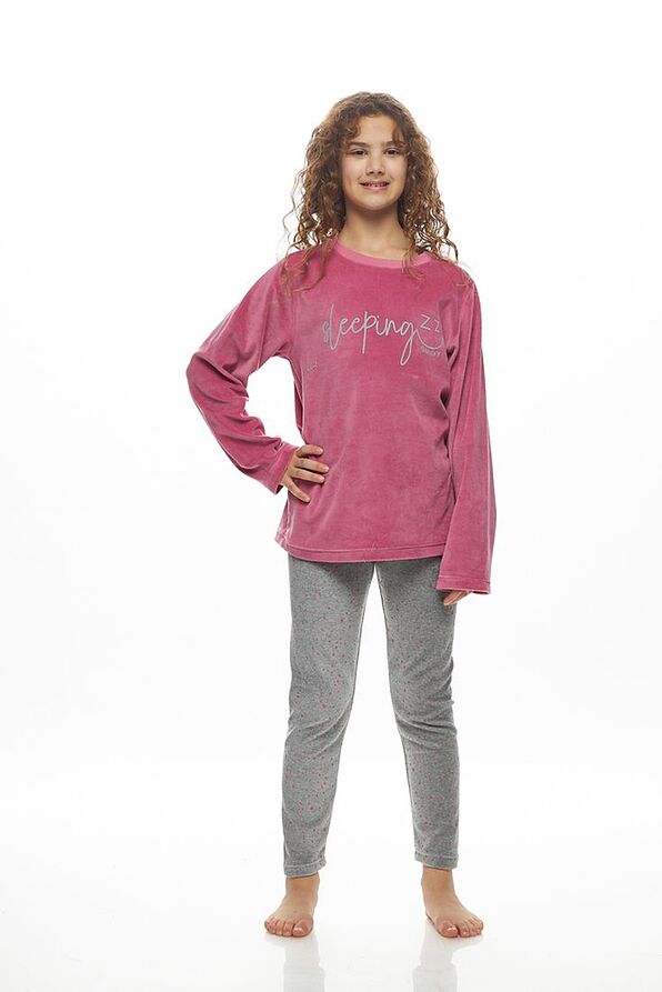 GIRL TEEN LONG VELVET PYJAMAS WITH SLEEPING PRINT AND POLKA DOTS PANTS