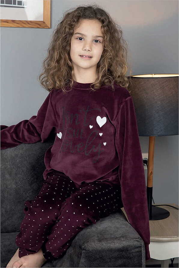 GIRL TEENS VELOUR LONG PYJAMAS HEARTS PRINT WITH CUFFED LEGS