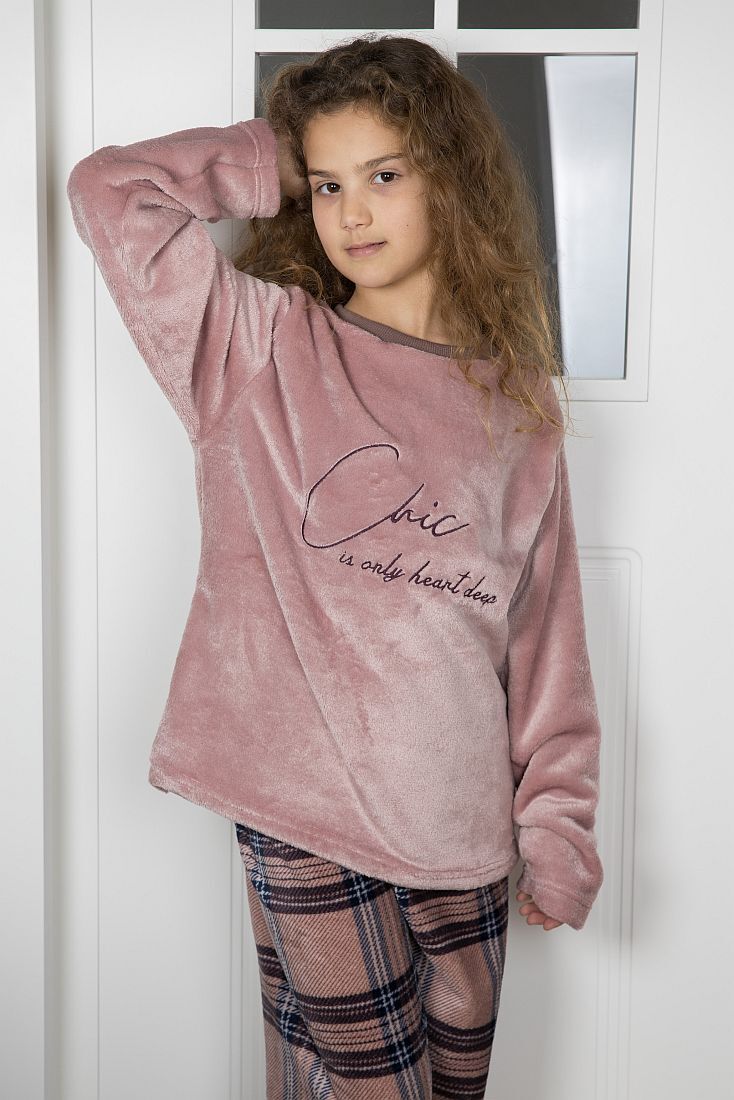 GIRL TEENS LONG FLEECE PYJAMAS WITH CHIC EMBROIDERY AND OPEN LEG TARTAN PANTS