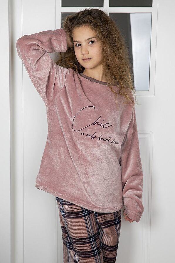 GIRL TEENS LONG FLEECE PYJAMAS WITH CHIC EMBROIDERY AND OPEN LEG TARTAN PANTS