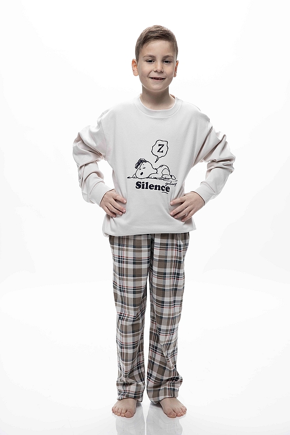 BOY TEENS LONG COTTON PYJAMAS WITH SNOOPY PRINT AND OPEN LEG TARTAN PANTS
