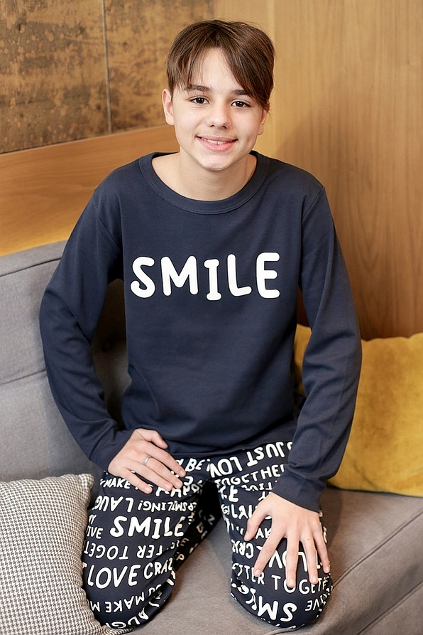 BOY TEENS COTTON PYJAMAS "SMILE" AND LETTERING PANTS PRINT PATTERN AND ANKLE CUFFED LEG