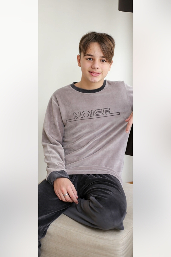 BOY TEENS COTTON VELOUR PYJAMAS WITH "NOISE" PRINT PATTERN AND ANKLE CUFFED LEG