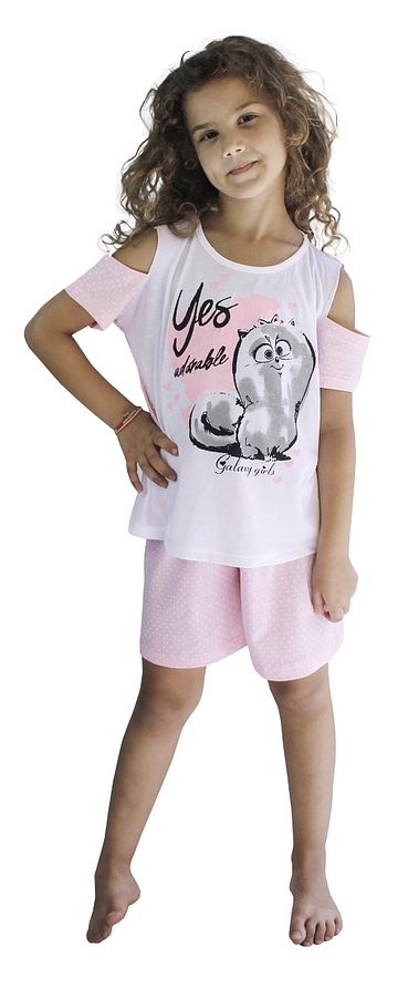 GIRL CAT AND POIS COTTON SHORT PYJAMAS OPEN SHOULDER SHORT SLEEVES