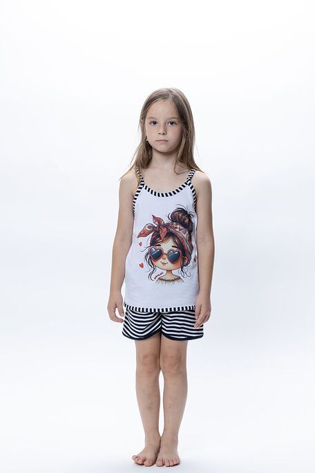 GIRL KIDS SHORT COTTON RIBBED PYJAMAS WITH FASHION GIRL PRINT & STRIPY SHORTS