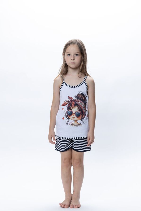 GIRL KIDS SHORT COTTON RIBBED PYJAMAS WITH FASHION GIRL PRINT & STRIPY SHORTS