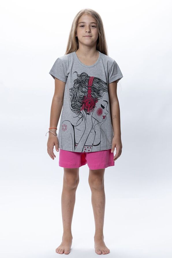 GIRL TEENS SHORT COTTON PYJAMAS WITH GIRL ON HEADPHONES PRINT