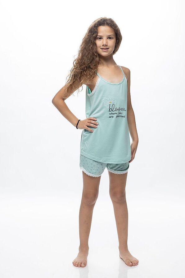 GIRL TEENS SHORT COTTON PYJAMAS WITH THIN STRAPS LACE TRIMMING AND BLOOM PRINT