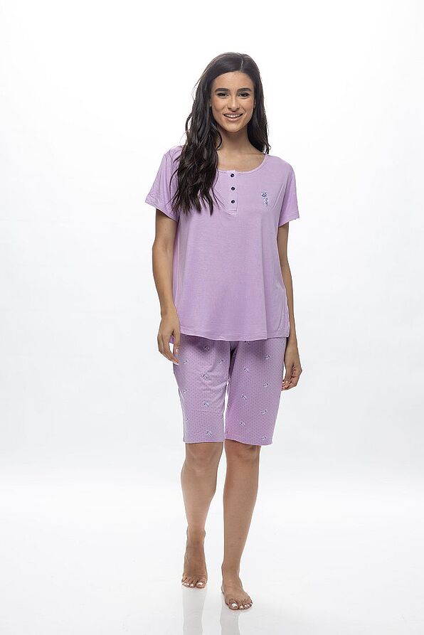 WOMAN SHORT COTTON PYJAMAS WITH BUTTON OPENING KNEE-HIGH SHORTS FLOWER AND DOT PATTERN