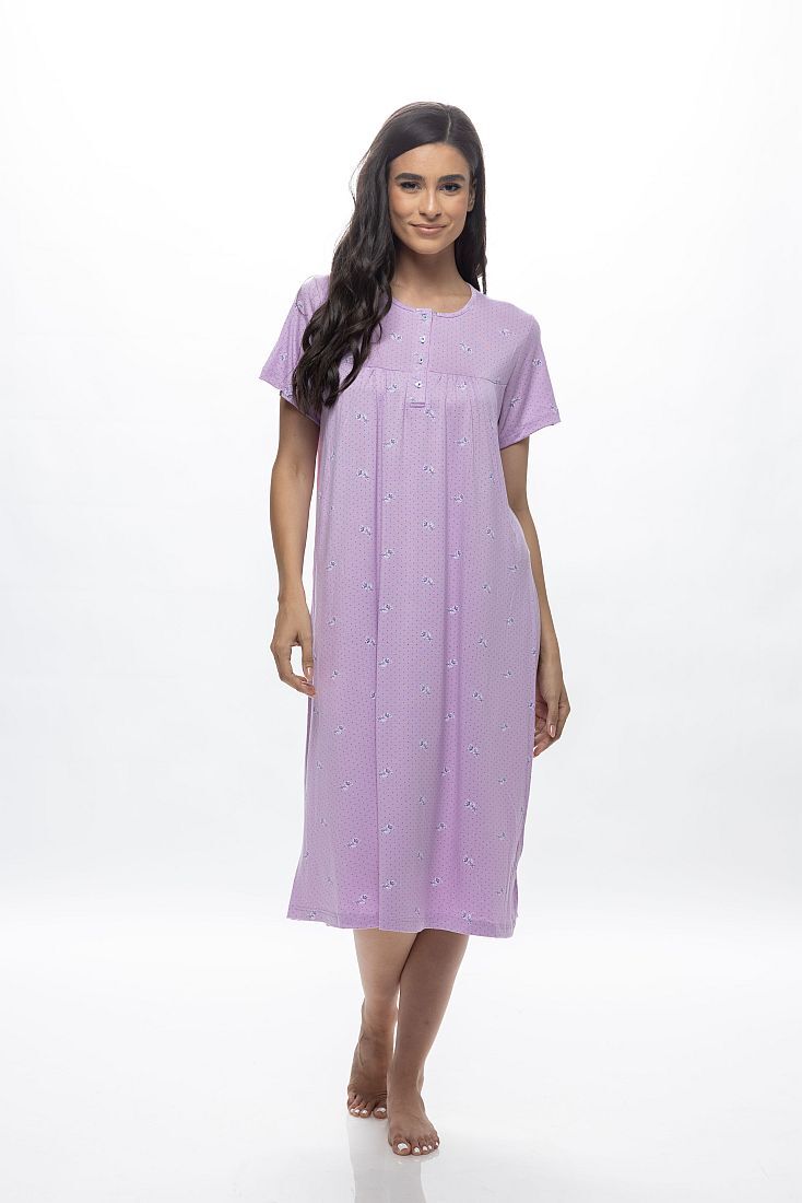 WOMAN LONG COTTON NIGHTDRESS WITH BUTTON OPENING PLEATS FLORAL AND DOT PATTERN