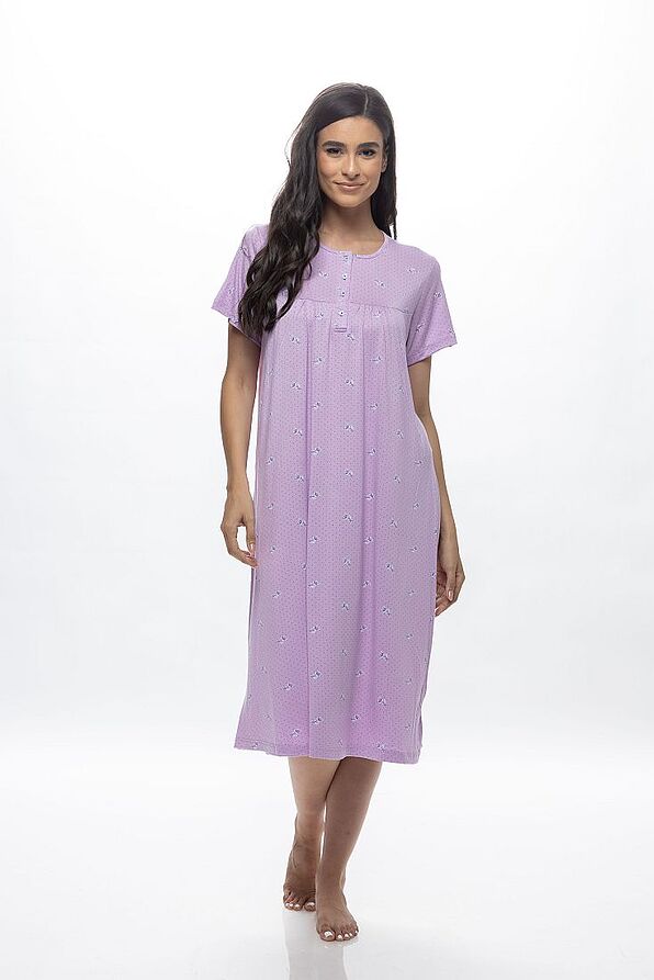 WOMAN LONG COTTON NIGHTDRESS WITH BUTTON OPENING PLEATS FLORAL AND DOT PATTERN