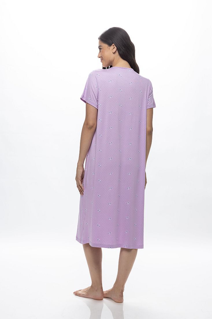 WOMAN LONG COTTON NIGHTDRESS WITH BUTTON OPENING PLEATS FLORAL AND DOT PATTERN