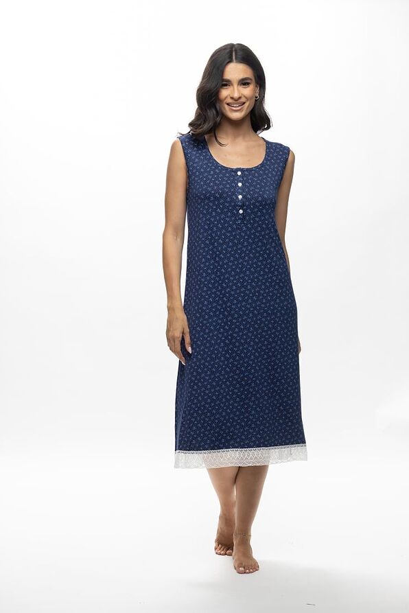 WOMAN LONG VISCOSE SLEEVELESS NIGHTDRESS WITH DEEP SERAPH NECK AND FLORAL WITH DOTS PATTERN