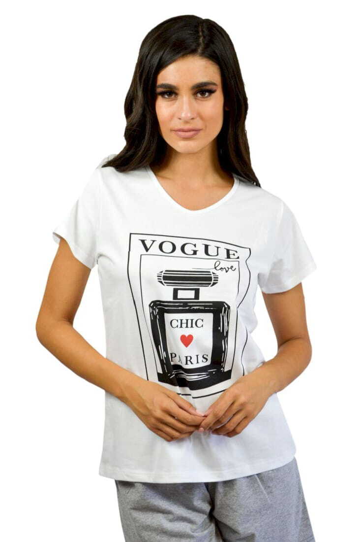 WOMAN COTTON T-SHIRT V-NECK VOGUE PRINT