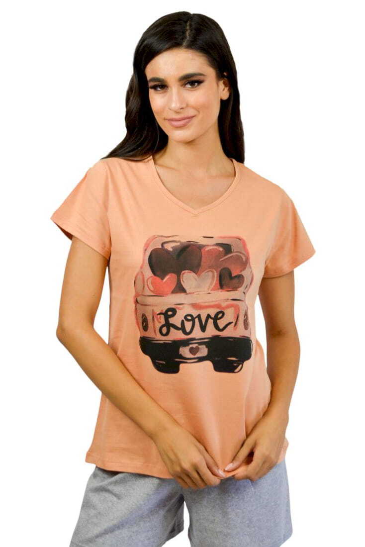 ΓΥΝΑΙΚΕΙΟ ΒΑΜΒΑΚΕΡΟ T-SHIRT V-ΛΑΙΜΟΣ ΜΕ ΤΥΠΩΜΑ LOVE CAR