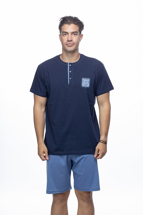 MAN COTTON PYJAMAS SET 3PCS OF BUTTON OPENING PLAIN BLOUSE LONG PLAIN PANTS AND TARTAN BERMUDA