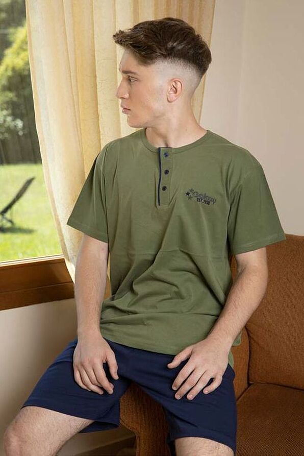 MAN COTTON PYJAMAS SET 3PCS OF BUTTON OPENING PLAIN BLOUSE LONG PLAIN PANTS AND PLAIN BERMUDA