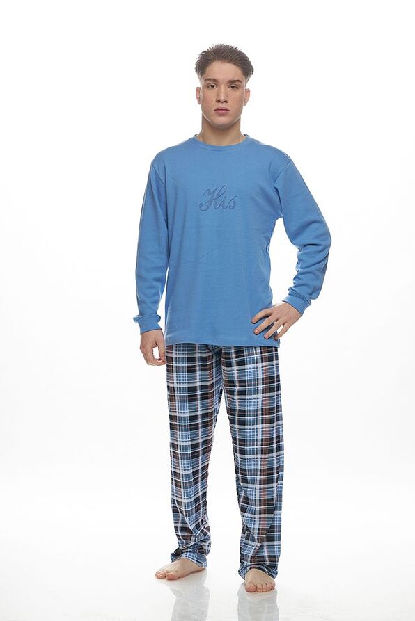 MAN LONG COTTON INTERLOCK PYJAMAS CUFFED SLEEVES AND CHECKED OPEN LEG PANTS
