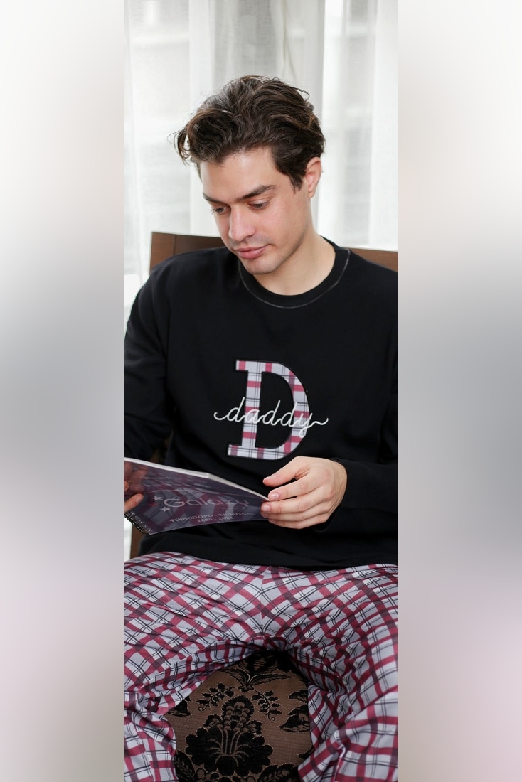 MAN COTTON PYJAMAS "DADDY" EMBROIDERY PATTERN AND TARTAN OPEN LEG PANTS