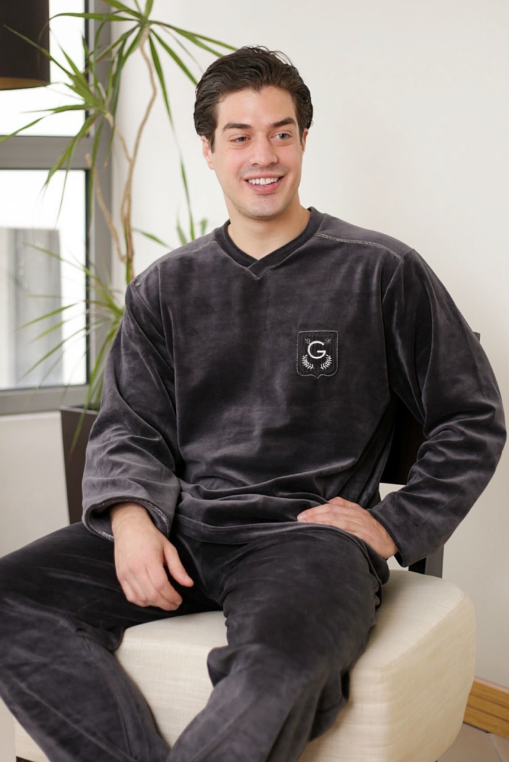 MAN COTTON VELOUR PYJAMAS PLAIN V-NECK OPEN LEGS