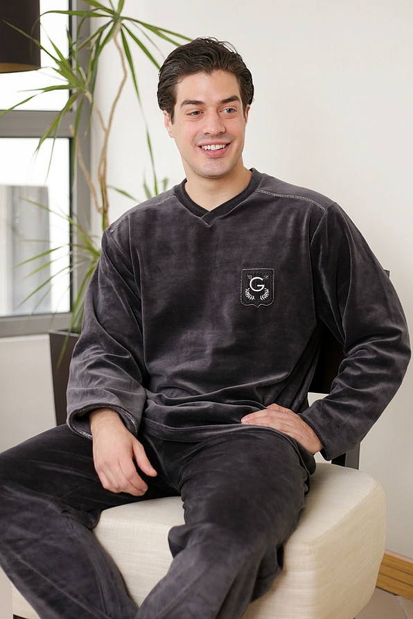 MAN COTTON VELOUR PYJAMAS PLAIN V-NECK OPEN LEGS