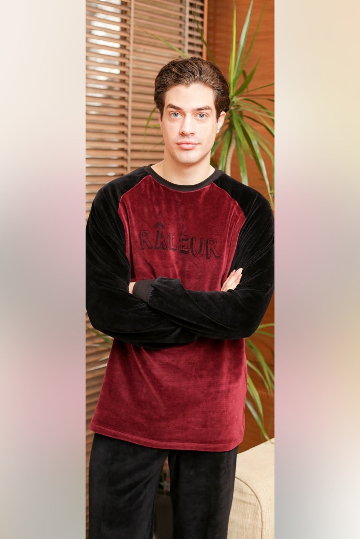 ΑΝΤΡΙΚΗ ΠΙΤΖΑΜΑ ΒΕΛΟΥΤΕ ΜΕ ΤΥΠΩΜΑ "RALEUR" ΡΕΓΚΛΑΝ ΜΑΝΙΚΙ ΚΑΙ ΜΠΑΤΖΑΚΙ ΜΕ ΛΑΣΤΙΧΟ