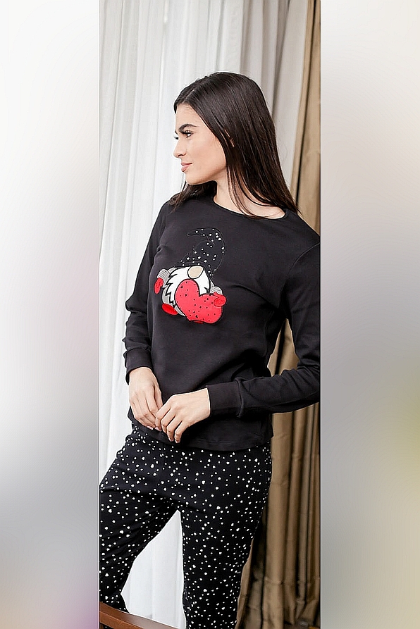 WOMAN COTTON PYJAMAS EMBROIDERY DWARF AND DOTS PATTERN TIGHT LINE AND ANKLE CUFFED LEGS