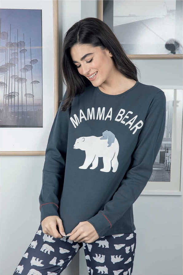 WOMAN LONG COTTON PYJAMAS MAMA BEAR PRINT TIGHT LINE CUFFED LEGS
