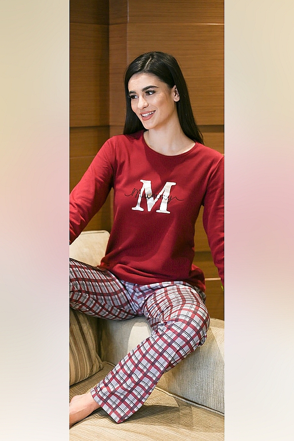 WOMAN COTTON PYJAMAS "MOMMY" EMBROIDERY PATTERN AND TARTAN OPEN LEG PANTS
