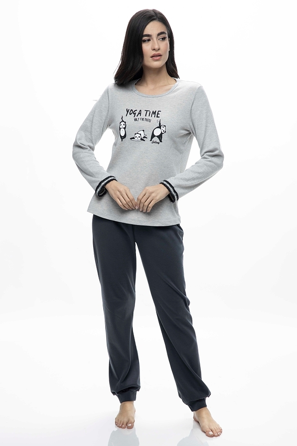 WOMAN LONG COTTON PYJAMAS WITH PANTA PRINT WOOL TRIMMING ON SLEEVES AND OPEN LEG PANTS