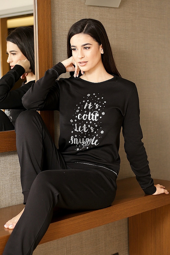 WOMAN COTTON PYJAMAS WITH GLITTER LUREX "LET'S SNUGGLE" PRINT PATTERN TIGHT LINE ANKLE CUFFED LEGS