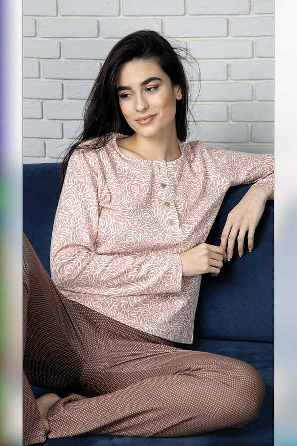 WOMAN COTTON LONG PYJAMAS DOTS AND FLORAL PRINT BUTTONS OPENING AND OPEN LEGS
