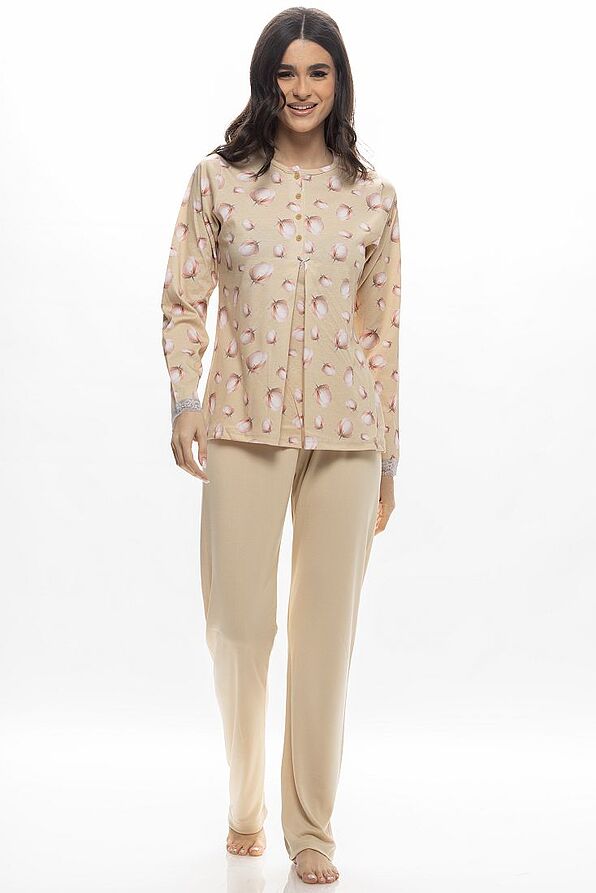 WOMAN LONG COTTON INTERLOCK PYJAMAS WITH PLEATING AND FLORAL PATTERN