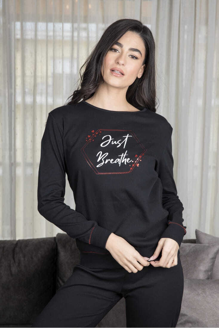 ΓΥΝΑΙΚΕΙΑ ΒΑΜΒΑΚΕΡΗ INTERLOCK ΜΑΚΡΙΑ ΠΙΤΖΑΜΑ ΜΕ ΤΥΠΩΜΑ GLITTER ΚΑΡΔΙΕΣ JUST BREATHE ΜΠΑΤΖΑΚΙ ΜΕ ΛΑΣΤΙΧΟ