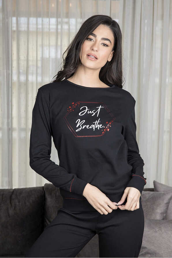 WOMAN COTTON INTERLOCK LONG PYJAMAS GLITTER HEARTS JUST BREATHE PRINT CUFFED LEGS