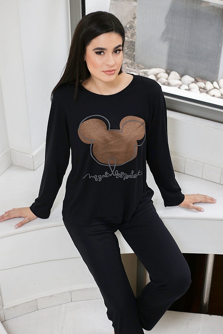 ΓΥΝΑΙΚΕΙΑ ΠΙΤΖΑΜΑ VISCOSE ΜΕ ΤΥΠΩΜΑ GLITTER MICKEY MOUSE ΚΙ ΑΝΟΙΧΤΟ ΜΠΑΤΖΑΚΙ