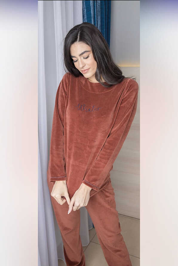 WOMAN VELOUR LONG PYJAMAS PLAIN EMBROIDERY