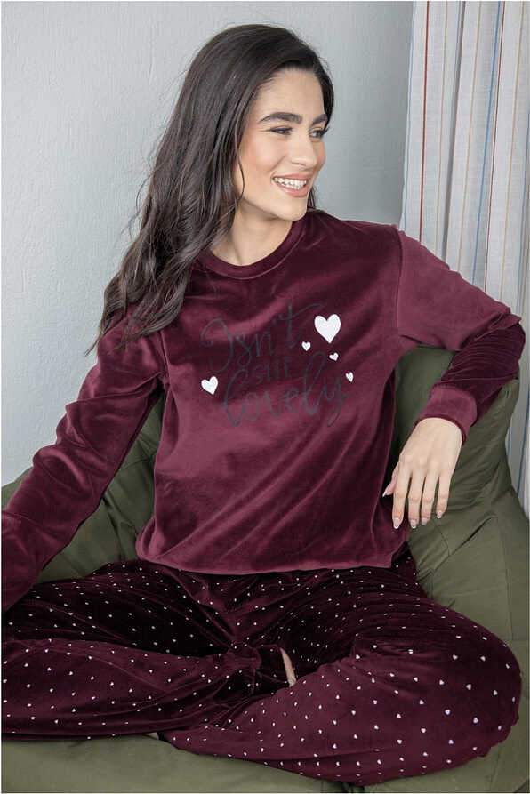 WOMAN VELOUR LONG PYJAMAS HEARTS PRINT WITH CUFFED LEGS