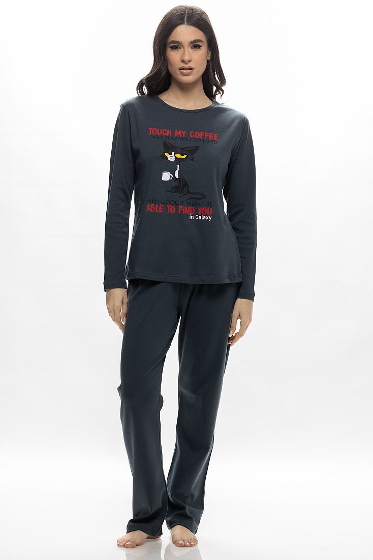 ΓΥΝΑΙΚΕΙΑ ΜΑΚΡΙΑ ΙΝΤΕΡΛΟΚ ΠΙΤΖΑΜΑ ΜΕ ΤΥΠΩΜΑ "TOUCH MY COFFEE" & ΓΑΤΑ