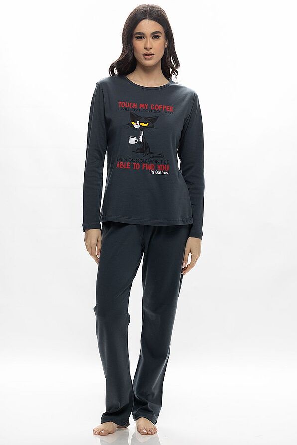 ΓΥΝΑΙΚΕΙΑ ΜΑΚΡΙΑ ΙΝΤΕΡΛΟΚ ΠΙΤΖΑΜΑ ΜΕ ΤΥΠΩΜΑ "TOUCH MY COFFEE" & ΓΑΤΑ