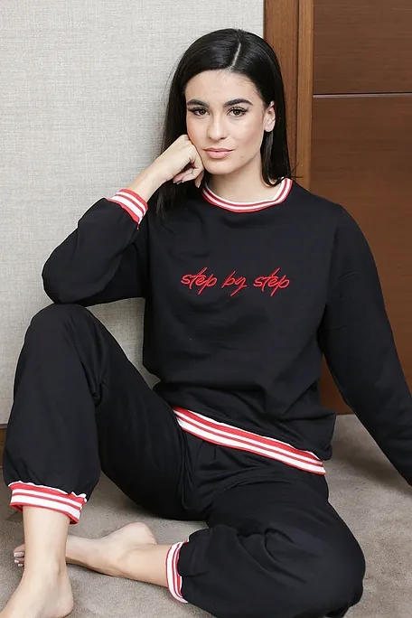 WOMAN BABY FOOTER COTTON TRACKSUIT WITH EMBROIDERY "STEP BY STEP" STRIPY DETAILS AND ANKLE CUFFED LEGS