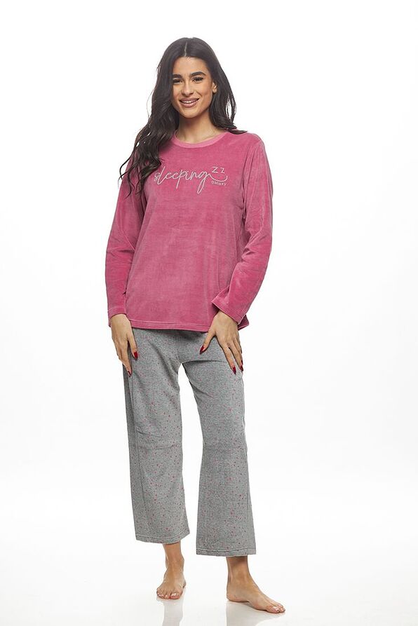 WOMAN LONG VELVET PYJAMAS WITH SLEEPING PRINT AND POLKA DOTS PANTS