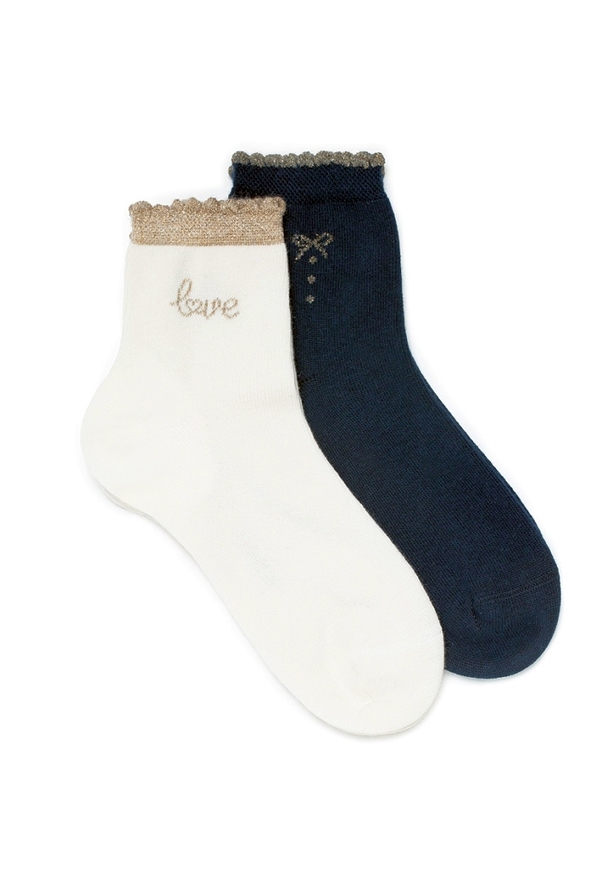 GIRL COMBED COTTON SOCKS WITH LOVE OR BOW LUREX MOTIF AND SEAMLESS TOES