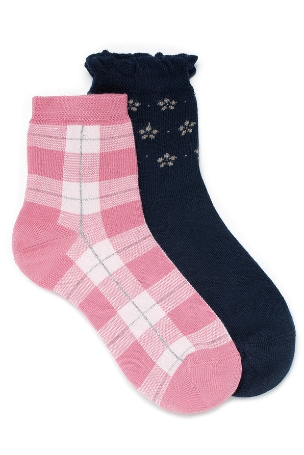 GIRL COMBED COTTON SOCKS WITH TARTAN OR FLOWERS LUREX PATTERN AND SEAMLESS TOES