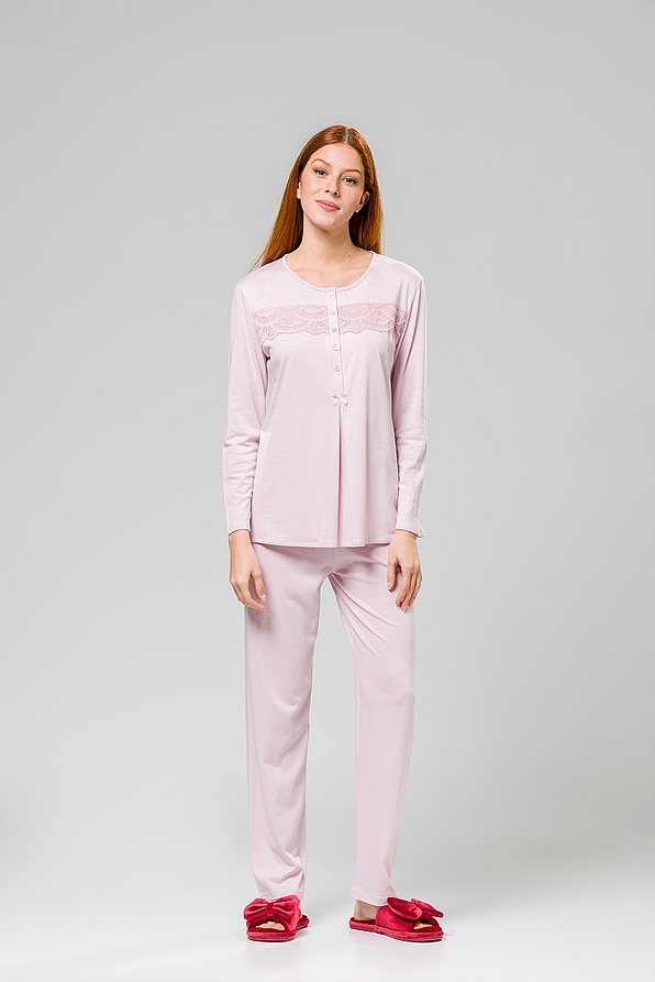 WOMAN MODAL PYJAMAS PLAIN LACE DETAILS WITH DEEP BUTTON OPENING IDEAL FOR BREASTFEEDING